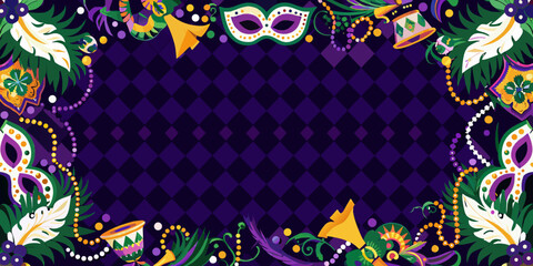 Mardi Gras colorful mask and beads border frame on purple background © Milton