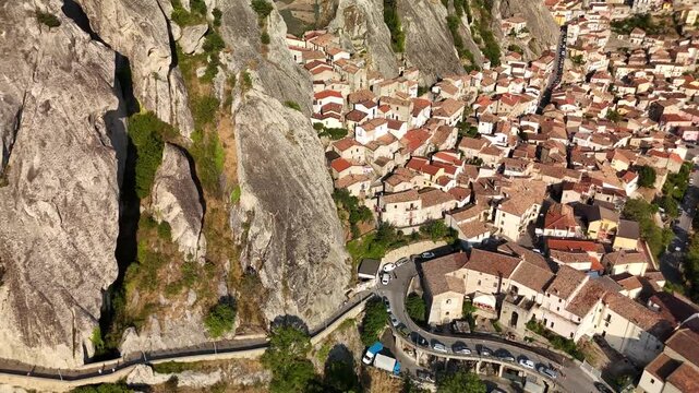 Aerial Drone View of Pietrapertosa Village Nestled Among Rocky Peaks in the Dolomiti Lucane, Basilicata, Italy
