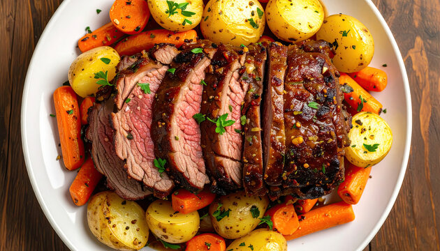 Plate of Beef Pot Roast on a Wooden Table Shopt From Above - Powered by Adobe