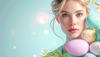 Easter greeting with beautiful young woman holding colorful decorated eggs and spring flowers, a serene and festive image for the holiday