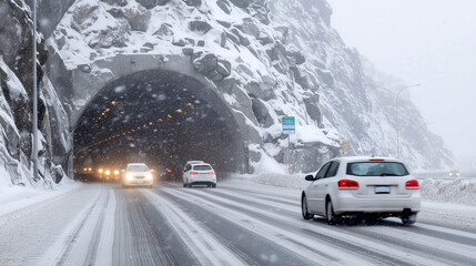 A tunnel exit on a mountain highway with cars emerging into blizzard conditions, tire marks zigzagging on the icy road, headlights cutting through snow