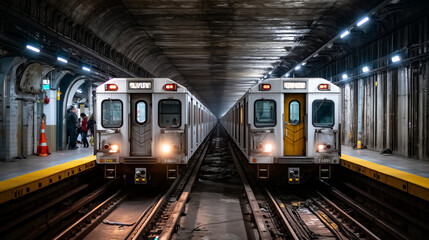 Fototapeta premium A subway tunnel where trains are delayed and stuck back-to-back on tracks, dim emergency lighting reflecting on metal walls, passengers waiting