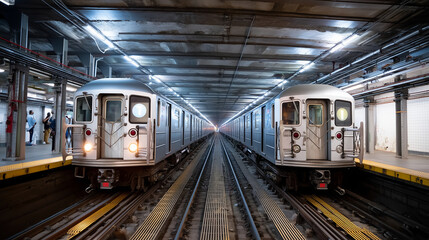 Fototapeta premium A subway tunnel where trains are delayed and stuck back-to-back on tracks, dim emergency lighting reflecting on metal walls, passengers waiting