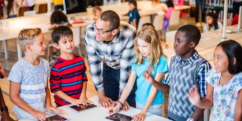 Diverse group of children with a teacher in a classroom, using tablets. Engaged students, diverse classroom, interactive learning with technology. Teacher teaching young students.