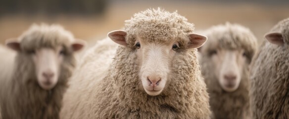 Naklejka premium The Sheep in a Woolly Flock Stare Directly at Camera in Soft Pastoral Light
