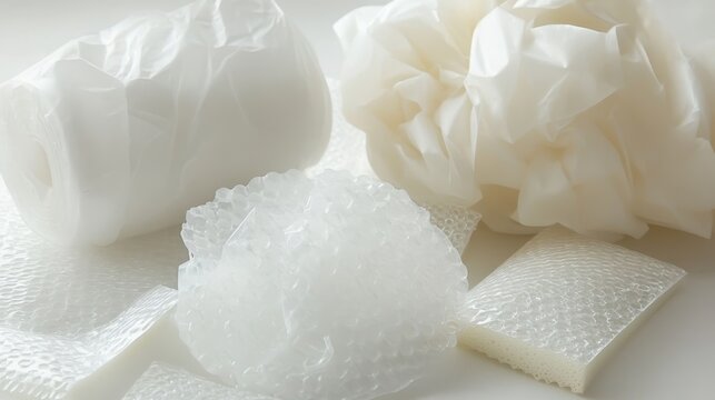 Close up of white rolled up bubble wrap and protective foam inserts showing textured surfaces