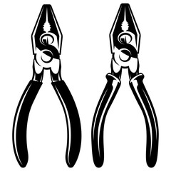 Lineman s Pliers Vector Icon Set Professional Hand Tool for Electrical and Mechanical Work in Black and White.