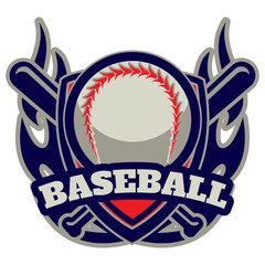 Baseball team emblem with crossed bats and a detailed baseball, sporting event logo design.