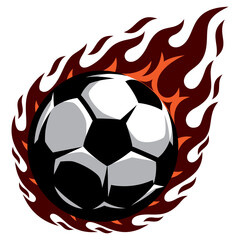 Flaming soccer ball in motion, dynamic and energetic sports graphic for competitive gaming and athletic events.