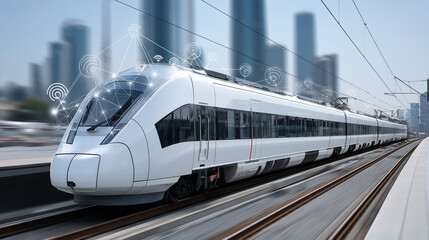 Fototapeta premium Futuristic high-speed train travels to tech future, modern train moves fast on tracks, cityscape background, wireless network system concept, hologram effect, fast transit, defocus