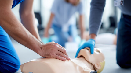 Faceless hands performing CPR on dummy during first aid training session, blurred participants background, emergency response education, life-saving skills, medical instruction, de
