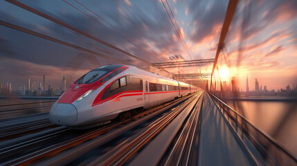 Fototapeta premium High-speed train on bridge at sunset, 3D render visualization, railway transportation, modern transit, urban mobility, commuter system, dramatic lighting, defocused background, wit