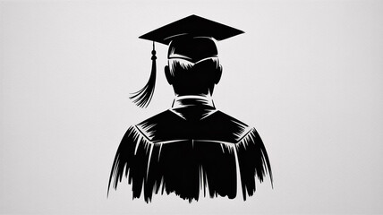 Bold ink-wash graduation silhouette, mortarboard-capped figure, shoulders-up, hand-drawn textured black on white, high-impact editorial, creative education, artistic flair