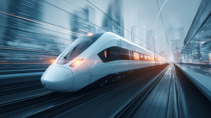 Futuristic high-speed train travels to tech future, modern train moves fast on tracks, cityscape background, wireless network system concept, hologram effect, fast transit, defocus