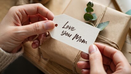 Hands holding a gift tag with handwritten message, surrounded by wrapped present and decorative elements, conveying a heartfelt sentiment for a special occasion or celebration of love and appreciation