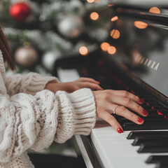 Musician playing piano in soft ambient light, fingers in motion, room in cinematic focus.