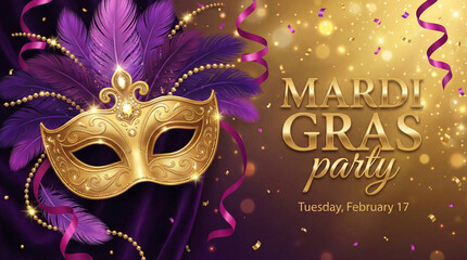 Mardi Gras party celebration with gold mask and purple feathers decorative elements high quality professional detailed modern elegant stylish clean crisp vibrant