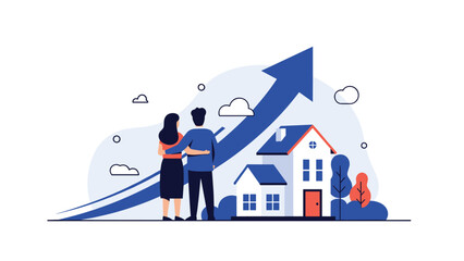 Couple standing and looking at a modern house while a large blue arrow points upwards to symbolize rising real estate market trends and value.