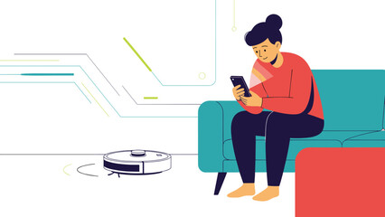 Woman sitting on a blue sofa and using a mobile app on her smartphone to control a smart robot vacuum cleaner in a modern living room.