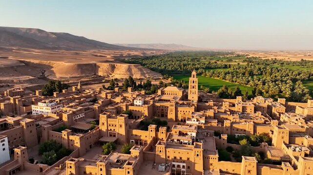 Aerial view of an ancient desert town with clay buildings, a towering minaret, and a vibrant green oasis