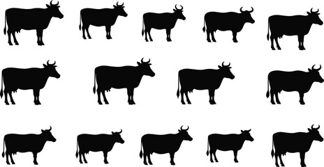 Silhouette vector set of cows in uniform side profiles, ideal for farm, design, and educational content use