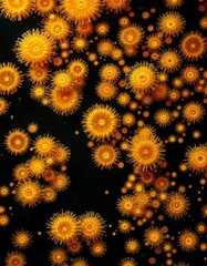 Golden, circular organisms on dark background
