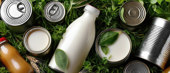 Scattered cans, bottles, and metal components on grass with space for text and logo in the center