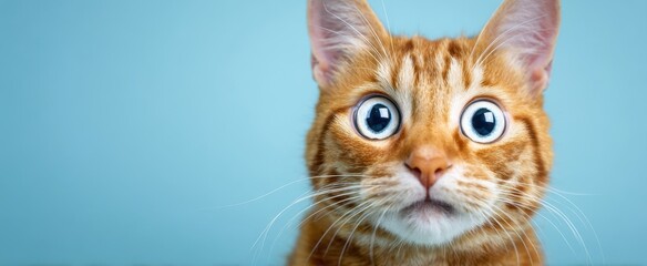 The ginger cat with wide curious eyes against a clean blue studio background
