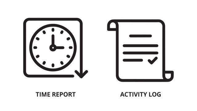 Clock icon indicating time and a document with a checkmark for activity log, representing time management and task tracking.