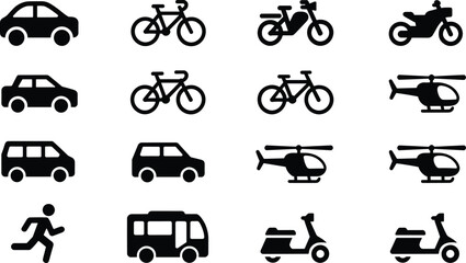 Transportation silhouette icon set isolated on white background, car bicycle motorcycle helicopter bus scooter and pedestrian symbols, urban mobility illustration collection © Sharon 