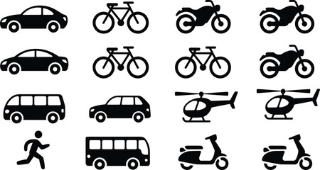 Transportation silhouette icon set isolated on white background, car bicycle motorcycle helicopter bus scooter and pedestrian symbols, modern mobility illustration collection © Sharon 