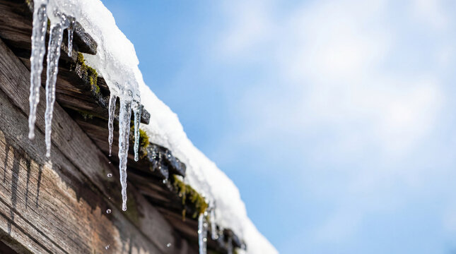 Icicles drip from snowy roof edge. Icicles sparkle in sun, melting drops fall beside wooden shingles, winter weather scene with copy space for spring thaw safety tips, home maintenance concept