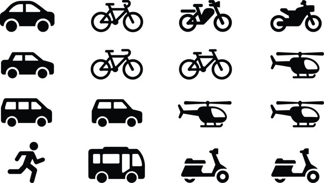 Transportation silhouette icon set isolated on white background, car bicycle motorcycle helicopter bus scooter and pedestrian symbols, urban mobility illustration collection