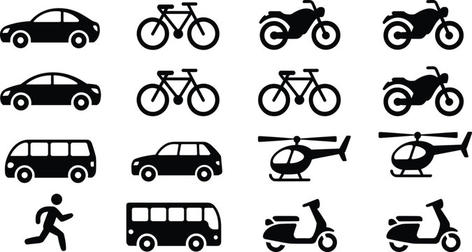 Transportation silhouette icon set isolated on white background, car bicycle motorcycle helicopter bus scooter and pedestrian symbols, modern mobility illustration collection