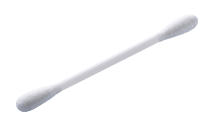Angled cotton swab with white cotton tips and a white stick, lying diagonally across the frame, casting a faint pure white background cutout