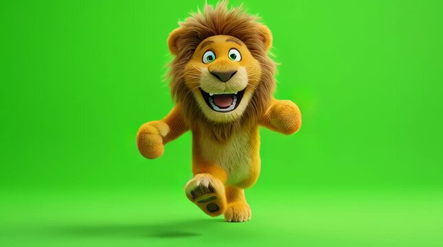 A joyful cartoon lion with a friendly expression running energetically across a vibrant green background, perfect for children's content