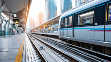 Naklejka premium Panoramic view urban train metro station platform, public transportation, transit hub, railway terminal, commuter system, modern infrastructure, defocused background, with copy spa