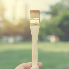 Painter&rsquo;s hand holding a brush over soft pastel canvas, blurred palette in background.