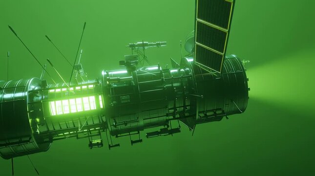 Futuristic deep space exploration vessel with glowing green energy elements and advanced solar arrays navigating a mysterious cosmic expanse