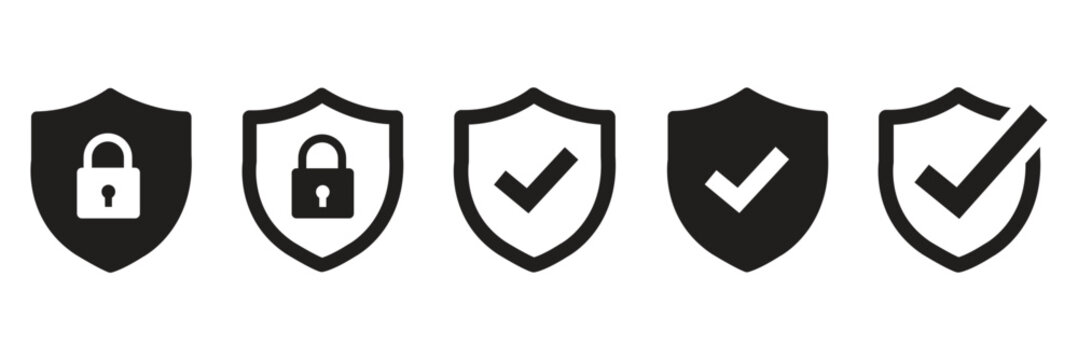 Set of security shield icons, security shields logotypes with check mark and padlock. Security shield symbols. Vector illustration.