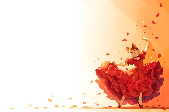 Anthropomorphic flamenco cat in anime style illustration, orange and white background