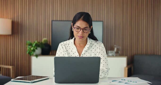 Businesswoman, glasses and thinking in office with laptop for data analysis, financial audit and report. Person, reflection and computer in workplace for finance stats, accounting admin and email.