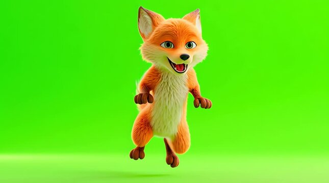 A delightful and energetic 3D cartoon fox character caught mid-leap with a cheerful smile, a vibrant digital illustration isolated on a chroma key green background, ready for animation
