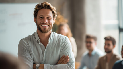 Confident faceless business mentor leading leadership development session, co-worker workplace training, professional coaching, skill building, team education, corporate workshop,