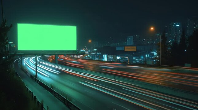 Dynamic long exposure of an illuminated urban highway at night, capturing vibrant car light trails converging towards a prominent blank green screen billboard, perfect for advertising mockups