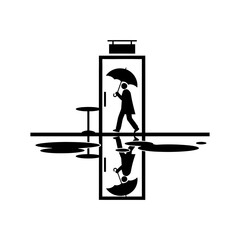 Rain corridor silhouette with lone figure and reflective puddles