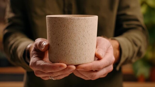 Medium shot of hands holding a compostable biobased flour container made from plant fibers highlighting its ecofriendly and biodegradable properties.