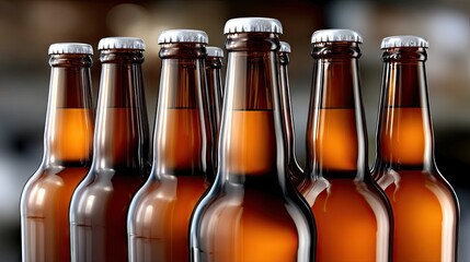 Close-up view of brown beer bottles with white caps moving on a production line in a brewery setting during the daytime
