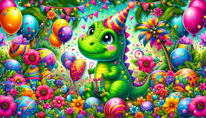 Cute baby dinosaur with party hat and balloons in jungle birthday theme 3D illustration