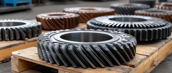 Large black gears on wooden pallets arranged for sale in a warehouse setting with shallow depth of field highlighting product details